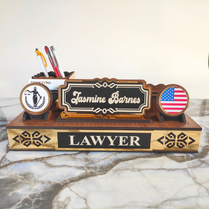 Wood Desk Name Plate with Pen and Paper Holder