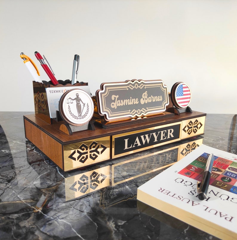 Wood Desk Name Plate with Pen and Paper Holder