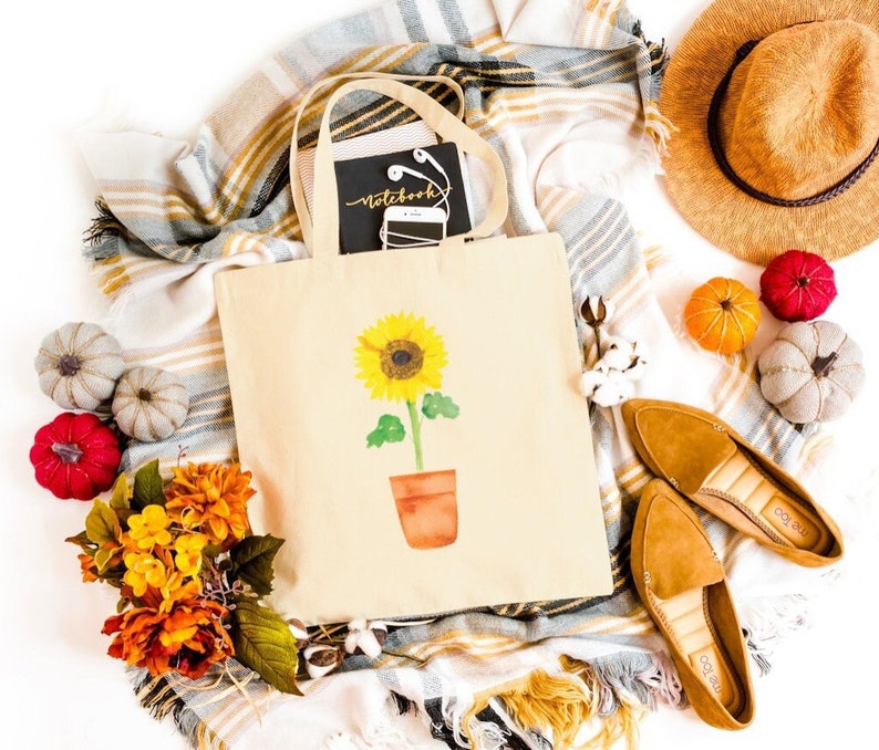 Sunflower Watercolor Tote Bag – Cute Cotton Canvas Bag for School