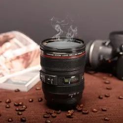 Camera Lens Shaped Black Colour Coffee Mug 2 Lids Stainless Steel Insulated 400ML