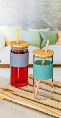 Glass Tumbler with Wooden lid and Wooden Straw Glass Tumbler Glass Beer Mug  (420 ml)