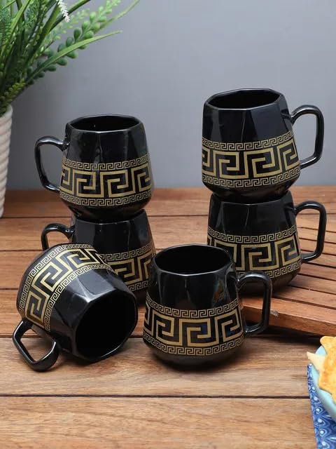 Gold Fret Italian Designer Cups, Handprinted Ceramic Tea Cups | Coffee Mugs Set of 6 Ideal for Best Gift to Friends & Relatives