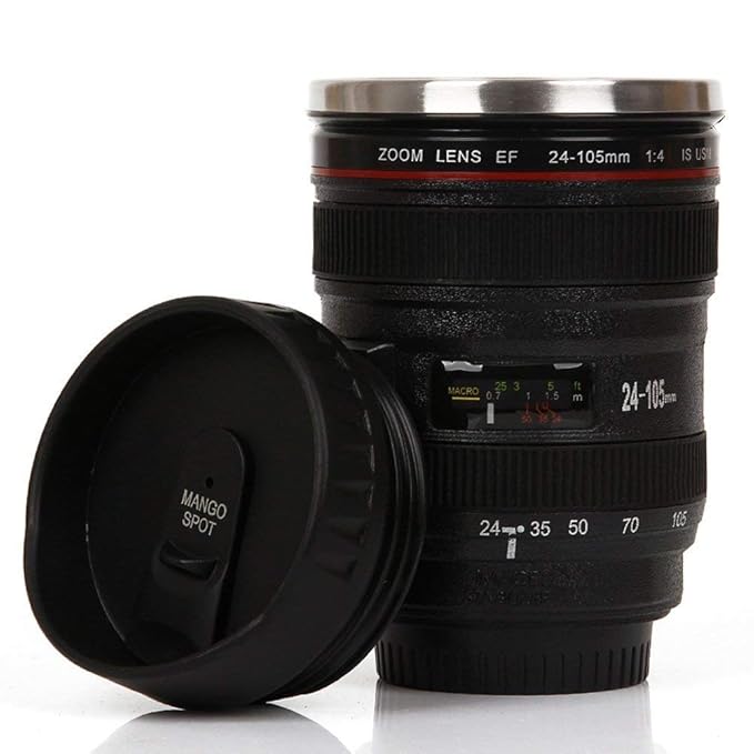 Camera Lens Shaped Black Colour Coffee Mug 2 Lids Stainless Steel Insulated 400ML