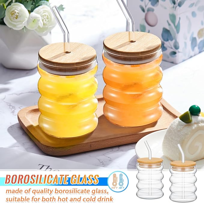 500ml Wave-Shaped Bubble Glass with Bamboo Lid and Glass Straw