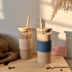 Glass Tumbler with Wooden lid and Wooden Straw Glass Tumbler Glass Beer Mug  (420 ml)