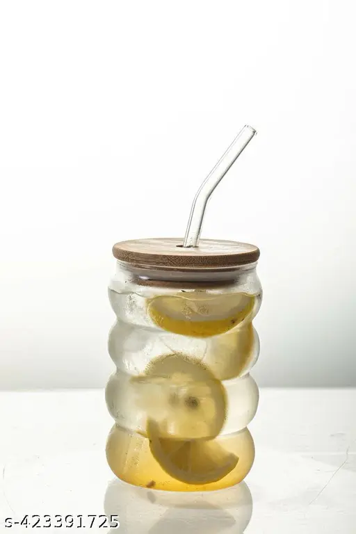 500ml Wave-Shaped Bubble Glass with Bamboo Lid and Glass Straw