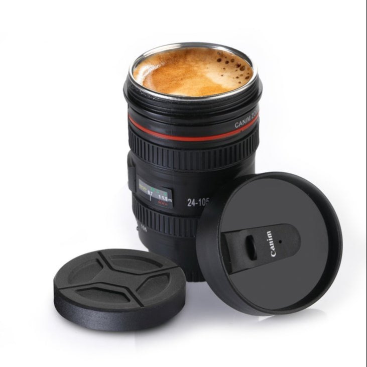 Camera Lens Shaped Black Colour Coffee Mug 2 Lids Stainless Steel Insulated 400ML