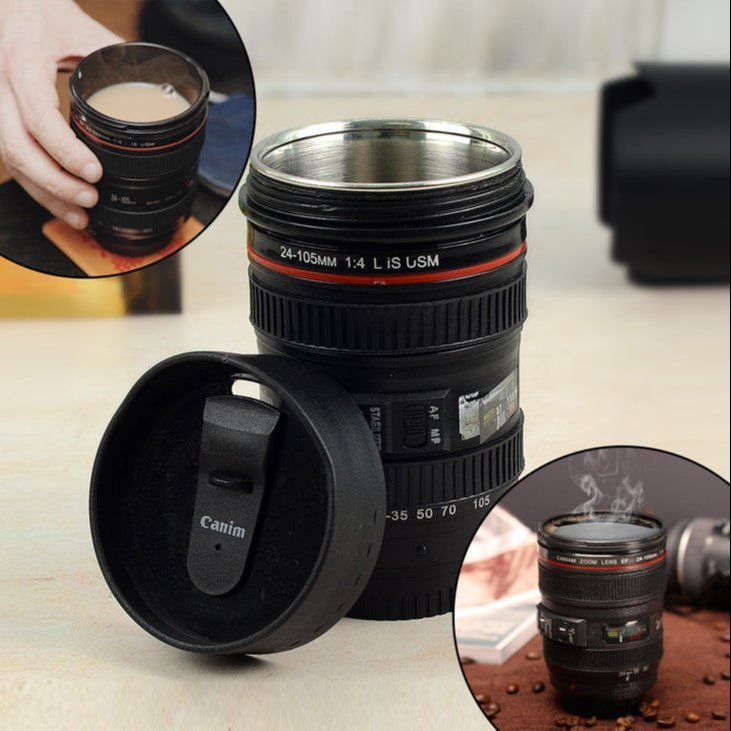 Camera Lens Shaped Black Colour Coffee Mug 2 Lids Stainless Steel Insulated 400ML