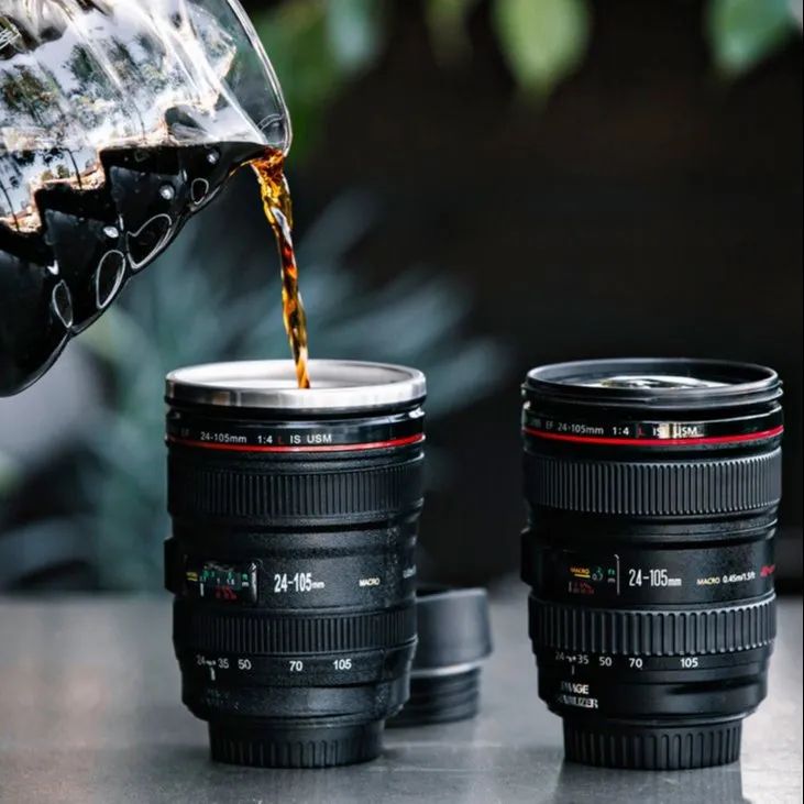 Camera Lens Shaped Black Colour Coffee Mug 2 Lids Stainless Steel Insulated 400ML