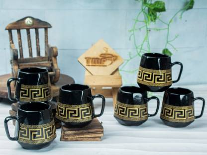 Gold Fret Italian Designer Cups, Handprinted Ceramic Tea Cups | Coffee Mugs Set of 6 Ideal for Best Gift to Friends & Relatives